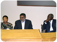 The discussants to the presentation by Dr Lopez were, from right, Minister Mary Nagu (Tanzania), Dr Oscar Monteiro (Mozambique) and Minister July Moyo (Zimbabwe)